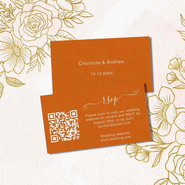 Burnt orange wedding response website QR code RSVP Enclosure Card (Creator Uploaded)