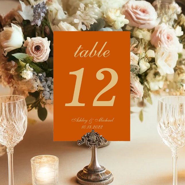 Burnt Orange Wedding Simple Golden Yellow Script Table Number (Creator Uploaded)