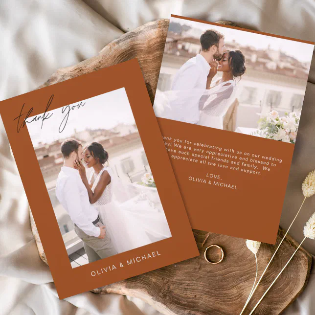 Burnt Orange Wedding Thank You Photo Minimalist Card | Zazzle