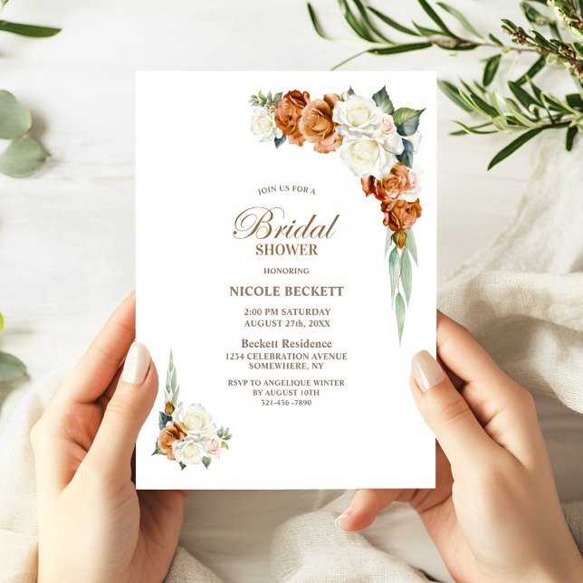 Burnt Orange White Floral Bridal Shower Invitation (Creator Uploaded)