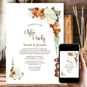 Burnt Orange White Floral Wedding After Party Invitation