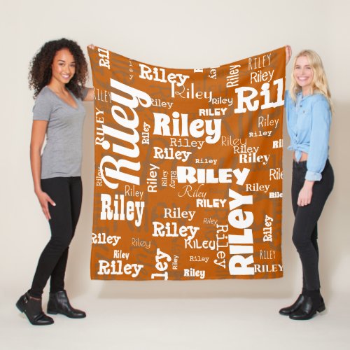 Burnt Orange White Name Repeat Typography  Fleece Blanket