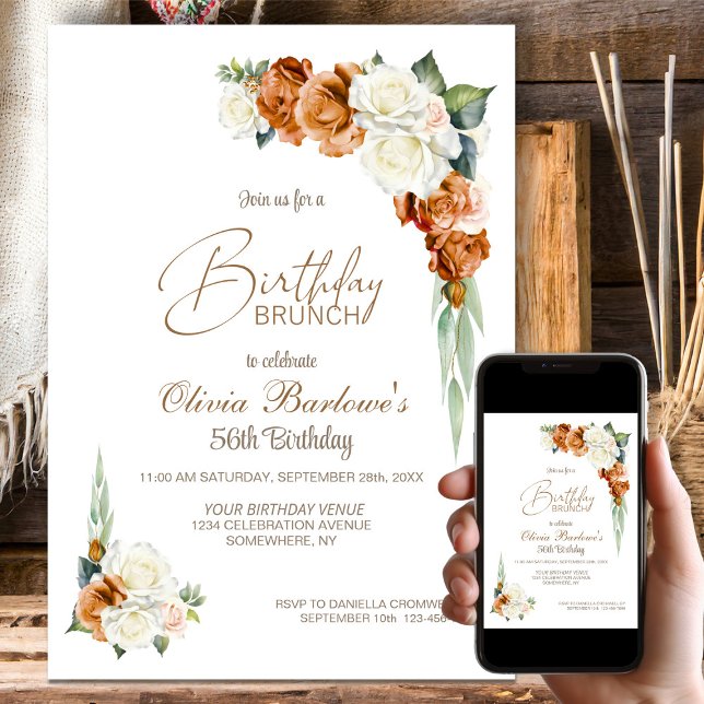 Burnt Orange White Rose Floral Birthday Brunch Invitation (Creator Uploaded)