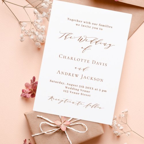 Burnt orange white script modern luxury wedding invitation