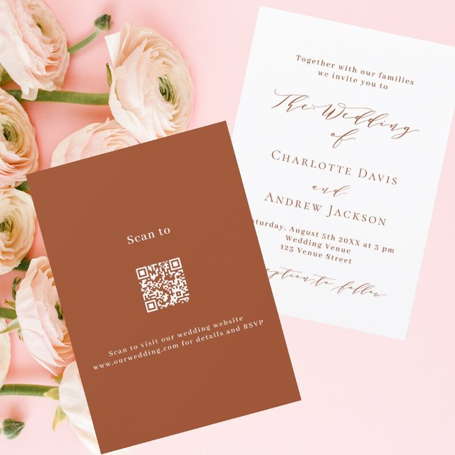 Burnt orange white script QR code RSVP wedding Invitation (Creator Uploaded)