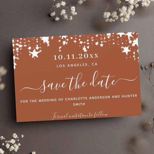 Burnt orange white stars wedding save the date (Creator Uploaded)