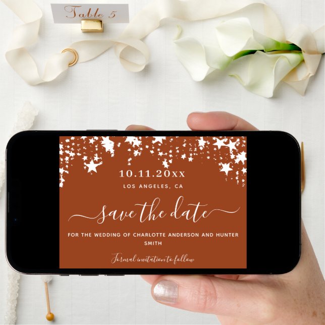 Burnt orange white stars wedding save the date (Front Digital)