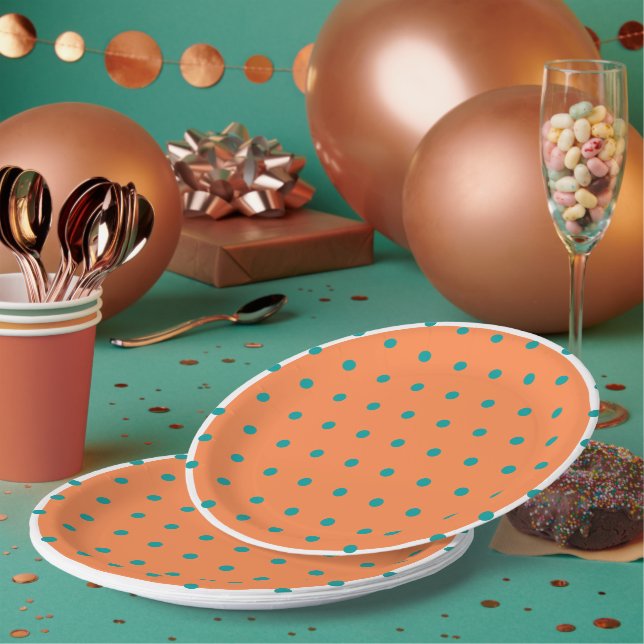 Burnt Orange White Teal Polka Dots  Paper Plates (Multi)
