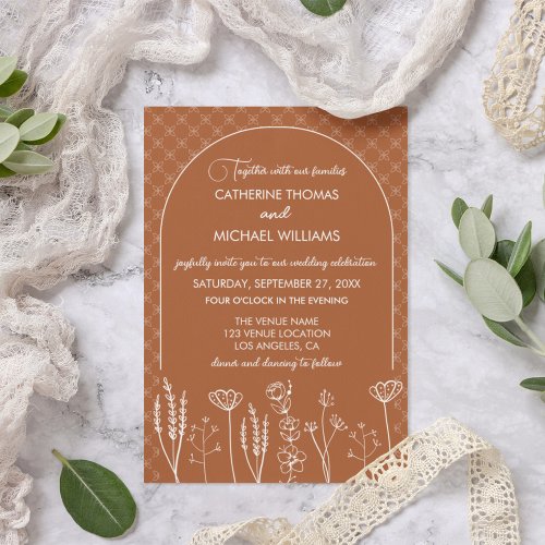 Burnt Orange Wildflower Bohemian Arch Wedding Invitation