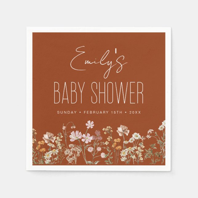 Burnt Orange Wildflower Boho Baby Shower In Bloom Napkins (Front)
