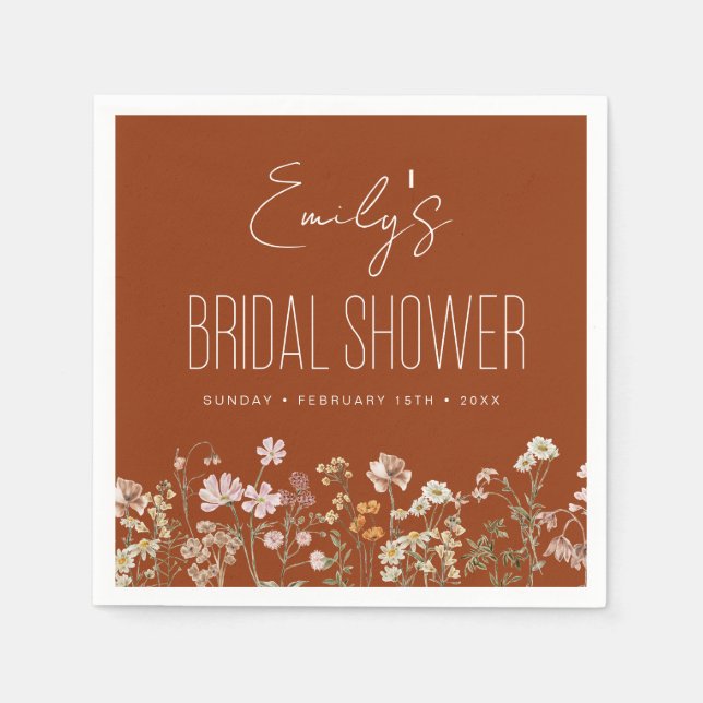 Burnt Orange Wildflower Boho Bridal Shower Napkins (Front)