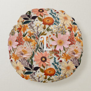Burnt Orange Wildflower Cottagecore Monogram Round Pillow