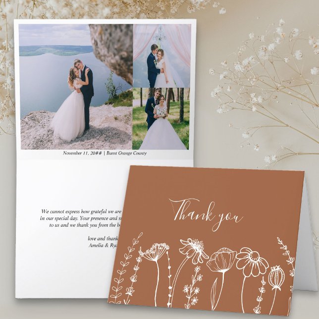 Burnt Orange Wildflower Sketch 3 Wedding Photo Thank You Card (3 Photo Wedding Thank You card from my Wildflower Sketch wedding collection)