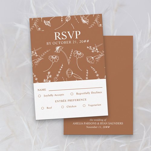 Burnt Orange Wildflower Sketch Wedding Entree RSVP Card