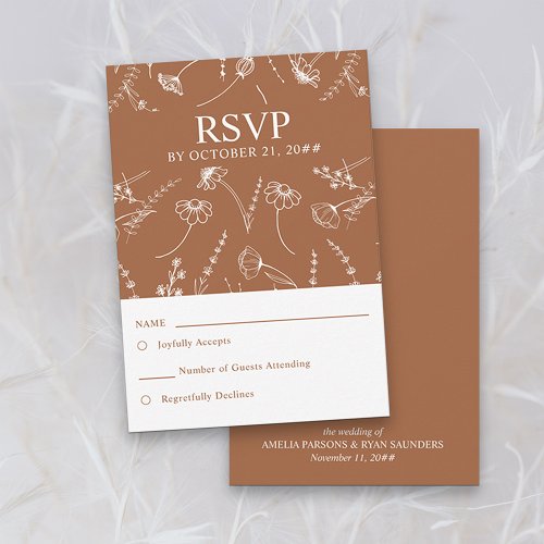 Burnt Orange Wildflower Sketch Wedding RSVP Card