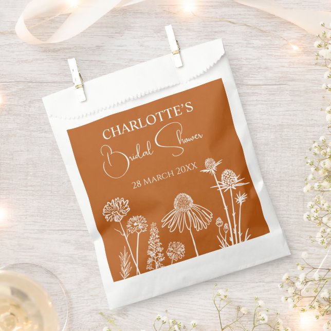 Burnt Orange Wildflowers Sketched Floral  Favor Bag (Clipped)