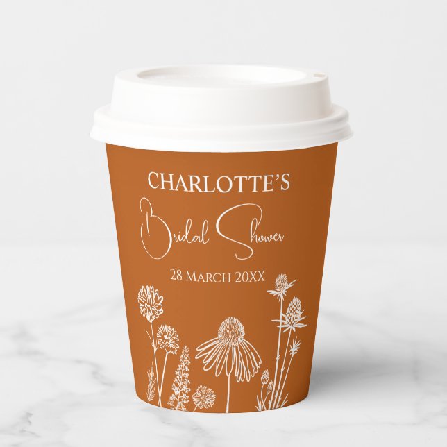 Burnt Orange Wildflowers Sketched Floral  Paper Cups (Front)