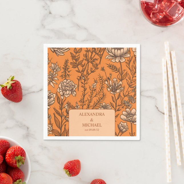 Burnt Orange Wildflowers Wedding Napkins (Insitu)