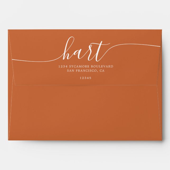 Burnt Orange with White Script Return Address Envelope (Back (Top Flap))