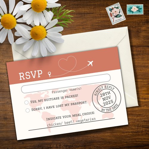 Burnt Orange World Map Destination Wedding  RSVP Card