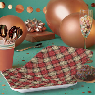Burnt Red Beige Modern Scottish Tartan Christmas Paper Plates
