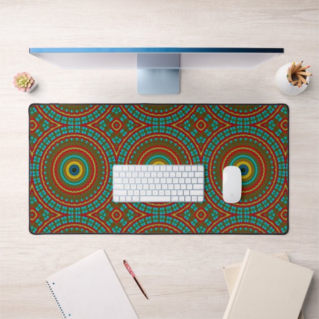 Burnt Red Ochre Teal Rustic Boho Geometric Pattern Desk Mat (Office 1)
