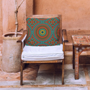 Burnt Red Ochre Teal Rustic Boho Geometric Pattern Outdoor Pillow