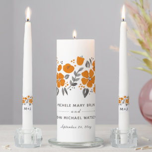 Burnt Rust Orange Autumn Fall Floral Folk Wedding Unity Candle Set