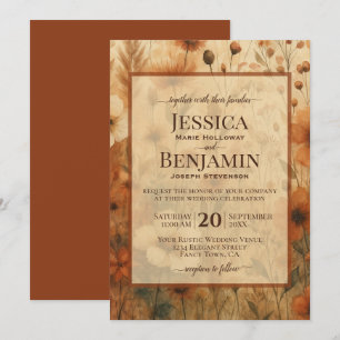 Burnt Sienna Boho Chic Wildflowers Stylish Wedding Invitation