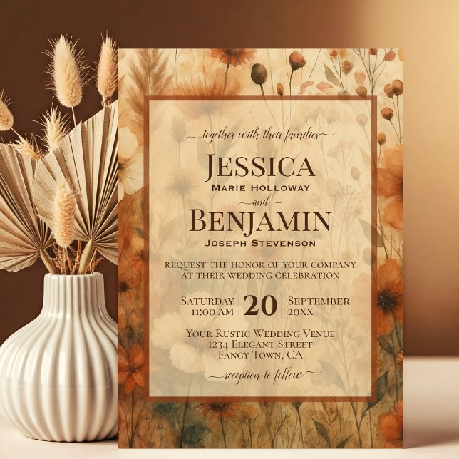 Burnt Sienna Boho Chic Wildflowers Stylish Wedding Invitation (Creator Uploaded)