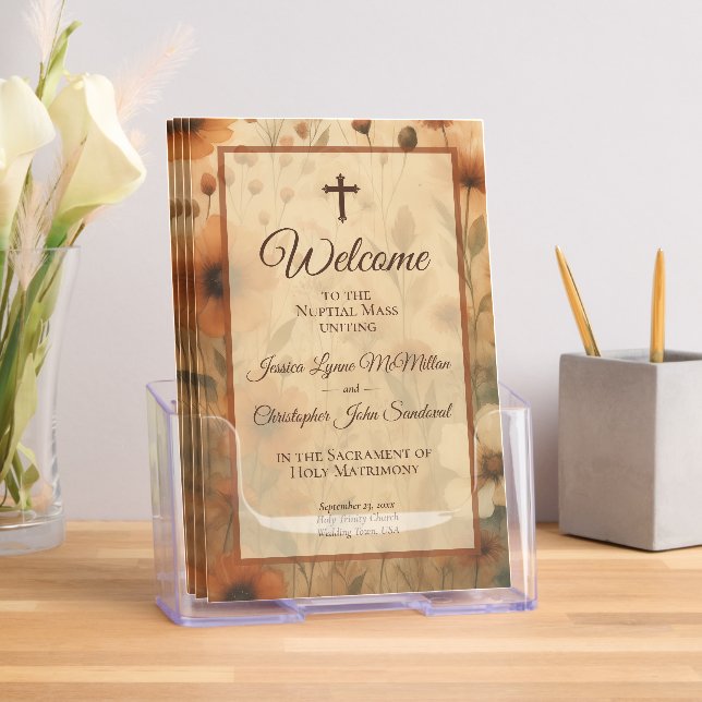 Burnt Sienna Boho Floral Catholic Wedding Program Brochure (Insitu)