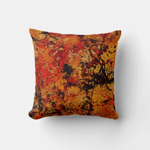 Burnt Sienna Rich Black Paint Splatter Abstract Throw Pillow