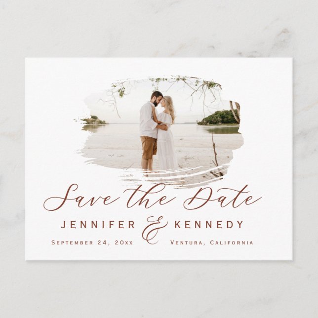 Burnt Sienna Romantic Brushed Frame Save The Date Postcard (Front)