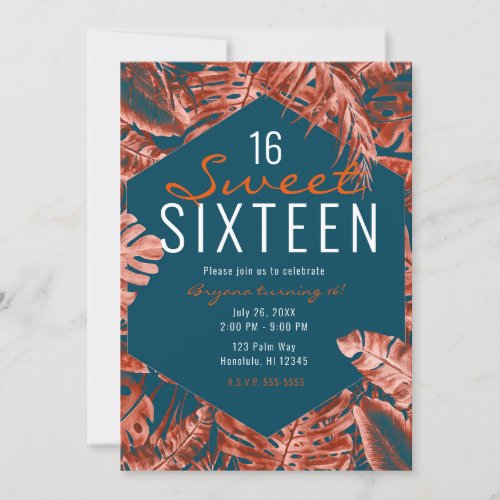 Burnt Sienna  Teal Tropical Palm Leaves Sweet 16 Invitation