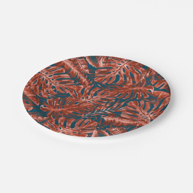 Burnt Sienna & Teal Tropical Palm Leaves Wedding Paper Plates (Angled)
