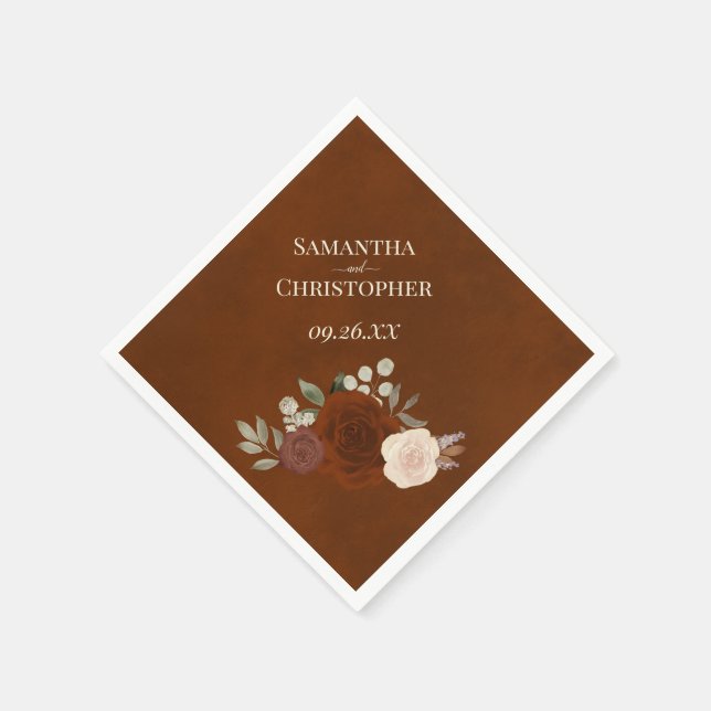 Burnt Umber Boho Floral Diagonal Wedding Napkins (Corner)