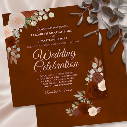 Burnt Umber Elegant Rust  Coral Roses Wedding Invitation