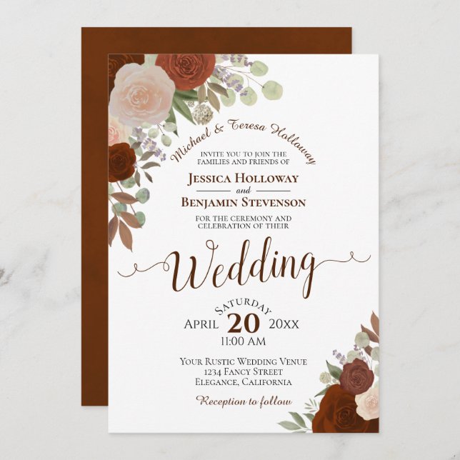 Burnt Umber Rust Orange Watercolor Roses Wedding Invitation (Front/Back)