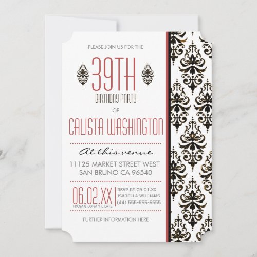 Burnt Vintage Damask 39th Birthday Party Invitation - Burnt Vintage Damask 39th Birthday Party Invitations. Bronzed-black, classic, vintage damask pattern birthday party invites for her. Add your own birthday invitation text using Zazzle's easy to use menu prompts until your invitation looks exactly the way you want it in your screen. If you need any help customizing your invitations, please don't hesitate to contact me through my store and I'll be happy to help you. Please note that all Zazzle designs are flat printed.
