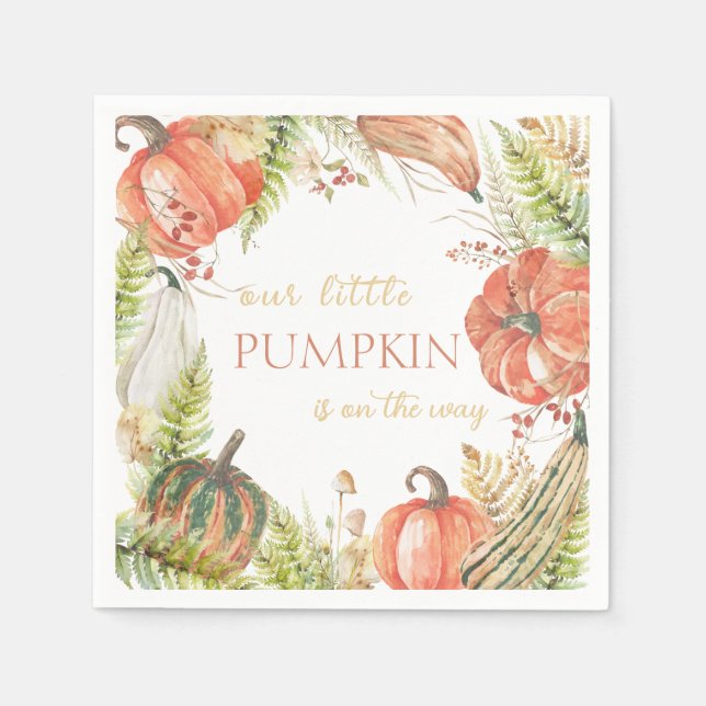 Burnt Watercolor Pumpkin Fall Floral Baby Shower  Napkins (Front)