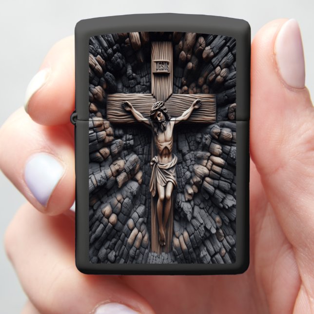 Burnt Wood Crucifix Art Zippo Lighter (In Hand)