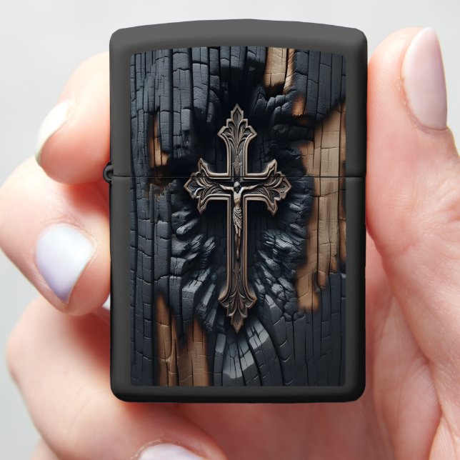 Burnt Wood Featuring a Carved Cross Zippo Lighter (In Hand)
