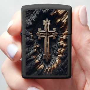 Burnt Wood Featuring a Carved Cross Zippo Lighter
