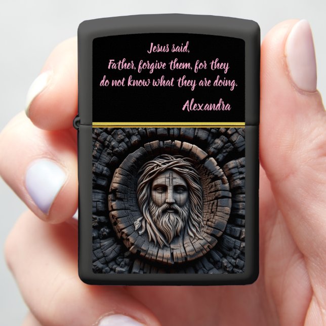  Burnt Wood Jesus Face Carving Zippo Lighter (In Hand)
