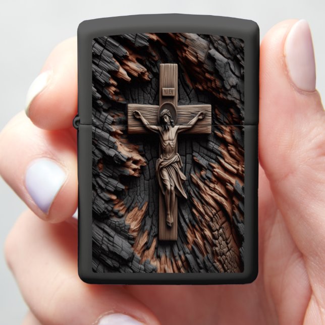 Burnt Wood Reveals a Carved Crucifix Zippo Lighter (In Hand)