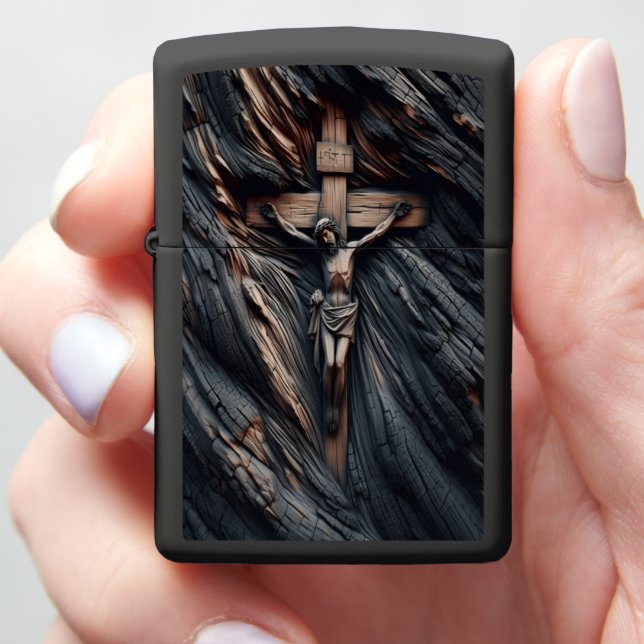 Burnt Wood Shows Jesus Sacrifice Zippo Lighter (In Hand)