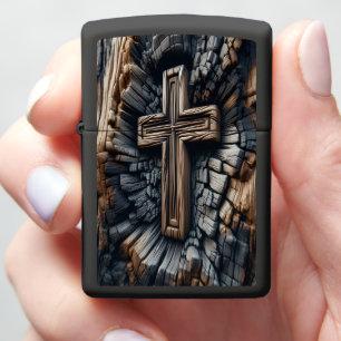 Burnt Wood Texture With Cross Carving Zippo Lighter