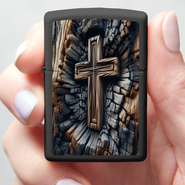 Burnt Wood Texture With Cross Carving Zippo Lighter (In Hand)