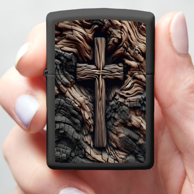 Burnt Wood With a Carved Cross Pattern Zippo Lighter (In Hand)