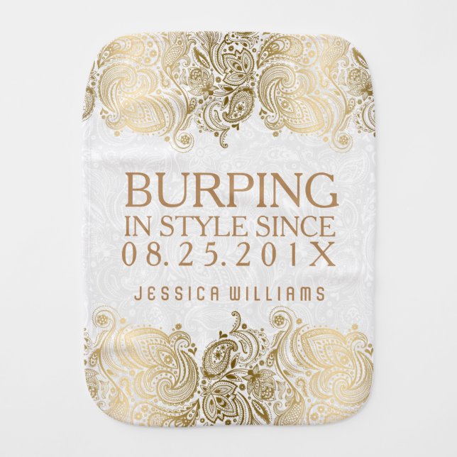 Burping In Style White & Gold Lace Burp Cloth (Front)